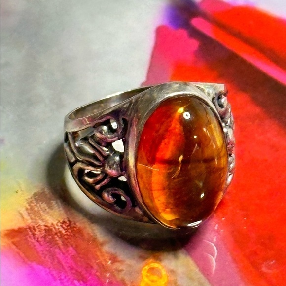 ZIV Amber Ring Sterling silver filigree cabochon Bezel set oval signed 6 5505 YA - Picture 2 of 15